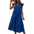 Women Summer Dress A-line Patchwork Big Hem Lady Dress Flying Sleeves Ruffle Pleated Vacation Beach Midi Dress. 