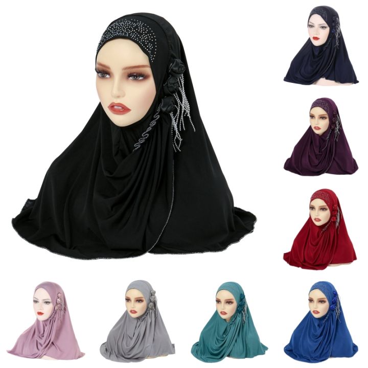 PRODUCTEI Fashion Muslim Turban Women Flower Rhinestones Ornament