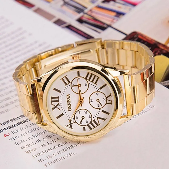 Fashion Women Luxury Roman Numerals Golden Tone Quartz Analog Wrist Watch