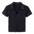 Hot Girl Slim Fit V Collar Short Sleeve Knitted T T-shirt Women's Summer Design Short Navel Show Thin Black Bottoming Shirt Fashion. 