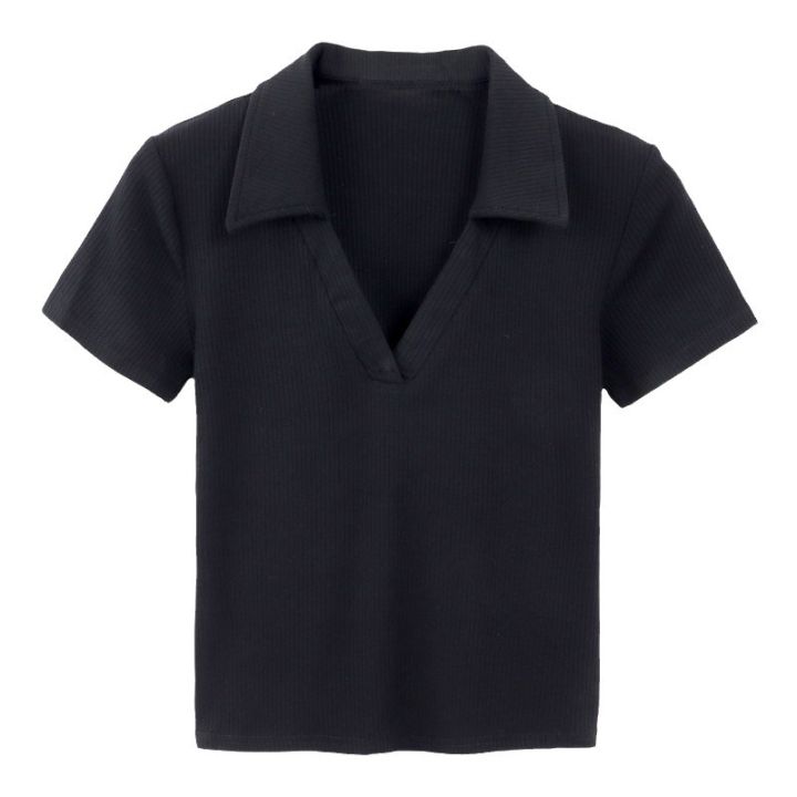 Hot%20Girl%20Slim%20Fit%20V%20Collar%20Short%20Sleeve%20Knitted%20T%20T-shirt%20Women's%20Summer%20Design%20Short%20Navel%20Show%20Thin%20Black%20Bottoming%20Shirt%20Fashion%20-%20Image%205