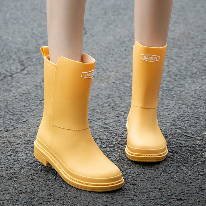 Women's Mid-Calf Rain Boots Warm with Velvet Work New Rubber Shoes Women's Waterproof Non-Slip Winter and Summer Rain Boots