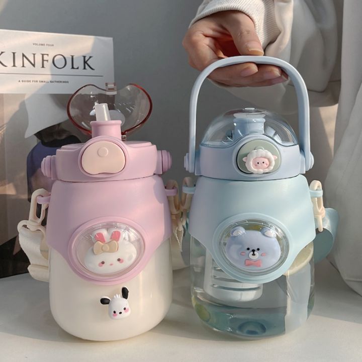 Water Bottle Drinking Sports Bottles Plastic Cup with Straw BPA Free Cute Bear Student Couple Plastic Cup for School Kids Girls