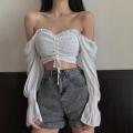 Women Long Sleeve Square Neck Shirt Drawstring Off Shoulder Blouse Crop Top.