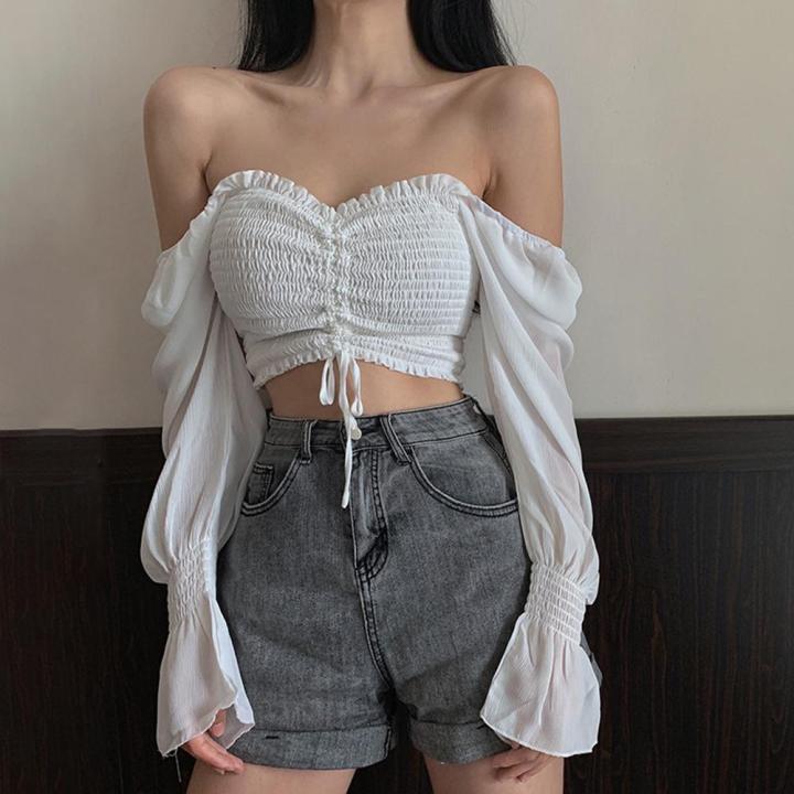 Women Long Sleeve Square Neck Shirt Drawstring Off Shoulder