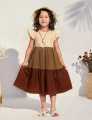 Kids’ Patchwork Midi Dress – Casual, Color Block, Flounce Sleeves, High Waist, Plain Design.