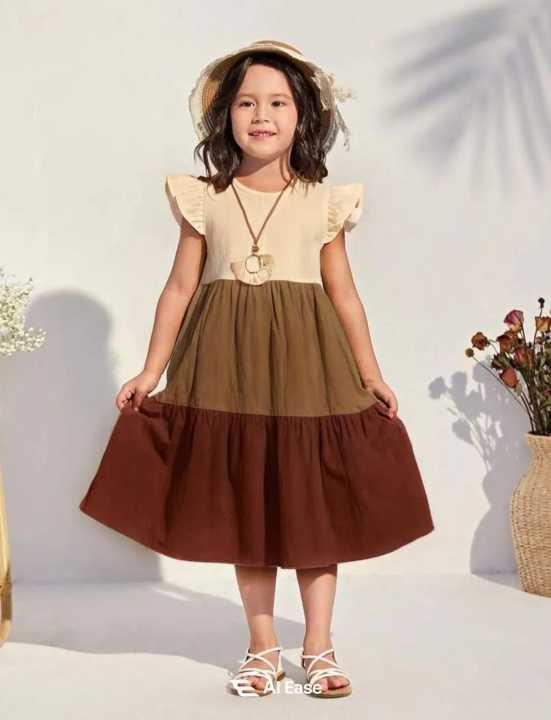 Kids%E2%80%99%20Patchwork%20Midi%20Dress%20%E2%80%93%20Casual,%20Color%20Block,%20Flounce%20Sleeves,%20High%20Waist,%20Plain%20Design%20-%20Image%209