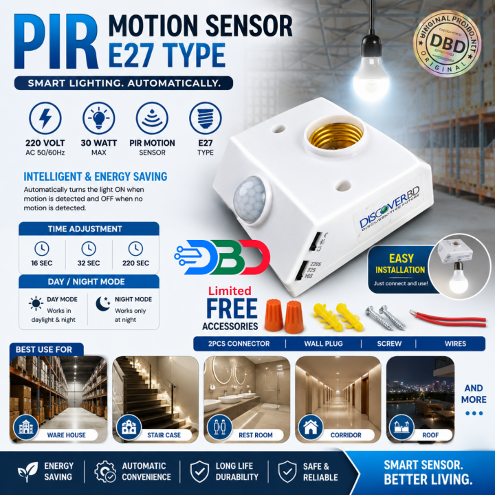 New Motion Sensor Holder E27 - 220 Volt 30 Watt Max
