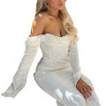 Women's Solid Color Satin Long Dress, Slit Long Sleeve Off Shoulder Backless Back Zipper Slim Dress for Party Club.