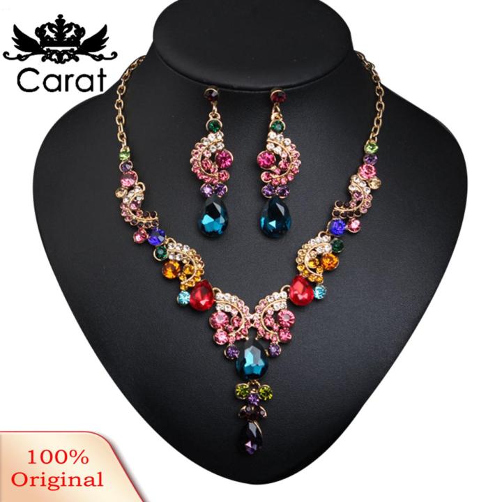 Carat Luxury Women Rhinestone Pendant Chain Necklace Stud Earrings Wedding Jewelry Set