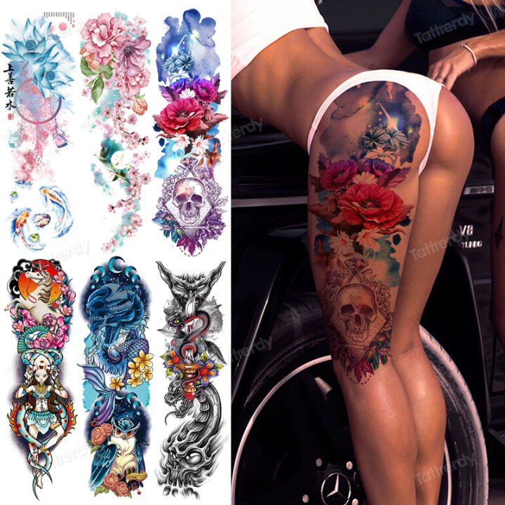 temporary tattoo peony rose flowers skull fish lotus tattoo designs large thigh leg body tattoos waterproof y for women girl
