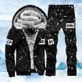 New Fleece Men Set Fashion Brand Tracksuit Lined Thick Sweatshirt + Pants Sportswear Suit Male Winter Warm Hooded Outerwear Suit.