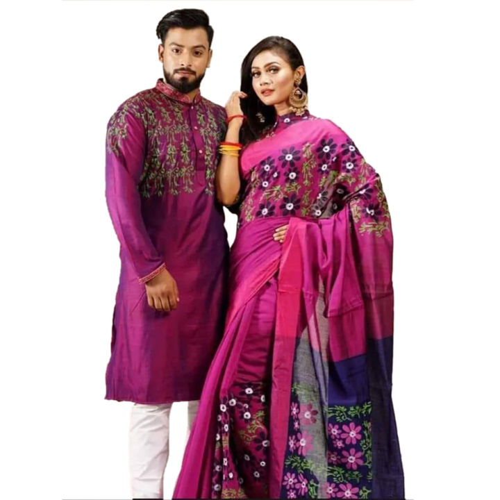 New Exclusive Puja Collection/EID Collection/Party Designer BLOCK  Print Saree And Dhupian Block Print Panjabi For Combo Couple Set  (Saree & Panjabi) - Sari - Saree - শাড়ি