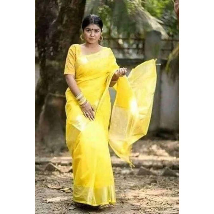 Half silk saree 1 colour saree Lemon Yellow color Saree