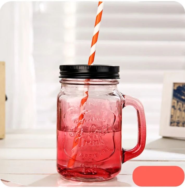 Reusable wide mouth glass bubble tea smoothie Boba Cup Salad jam bottle 480ml 16oz classical juice glass mason jar with handle