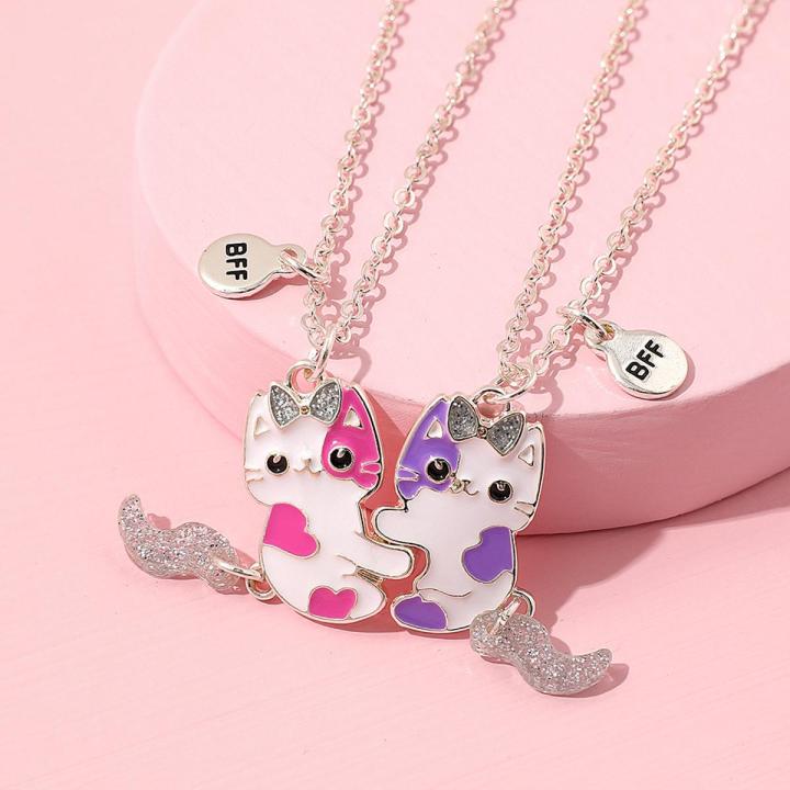 【Exclusive】 2PCS/Set Cartoon Cat Shape Pendant Couple Necklaces Chain Friends Necklace BFF Friendship Jewelry Gift