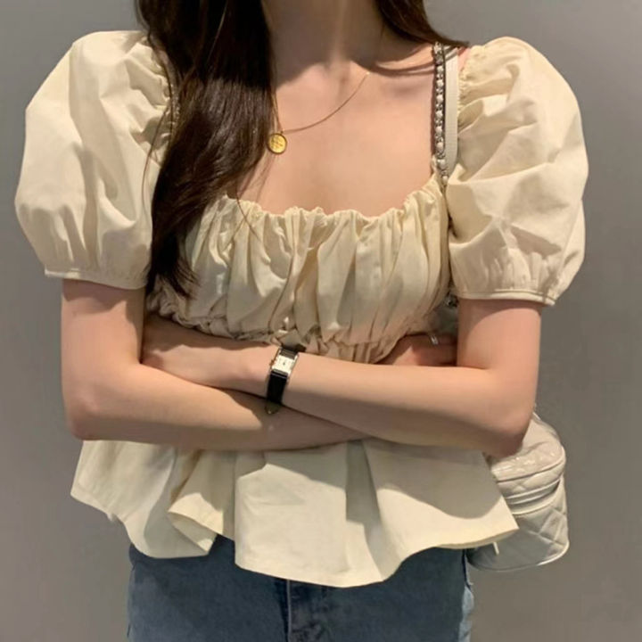 2022%20Summer%20New%20Korean%20Style%20Sweet%20Gathers%20Line%20Square-Cut%20Collar%20Puff%20Sleeve%20Short%20Sleeve%20Shirt%20for%20Women%20-%20Image%202