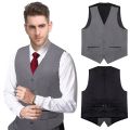 Fashion Gray Classic Waistcoat Sleeveless Slim Fit Men's Vest and Red Necktie for Business Wedding Party V-neck Vests for Man.