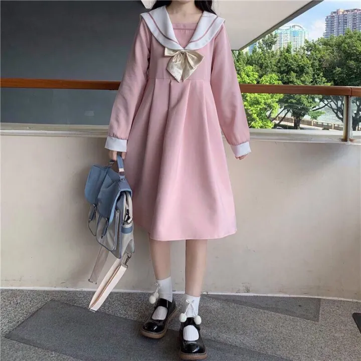 A-line%20Dress%20Women%20Sweet%20Kawaii%20Japanese%20Style%20College%20Autumn%20New%20Sailor%20Collar%20Patchwork%20Bow%20Fashion%20Leisure%20Loose%20Popular%20Chic%20-%20Image%202