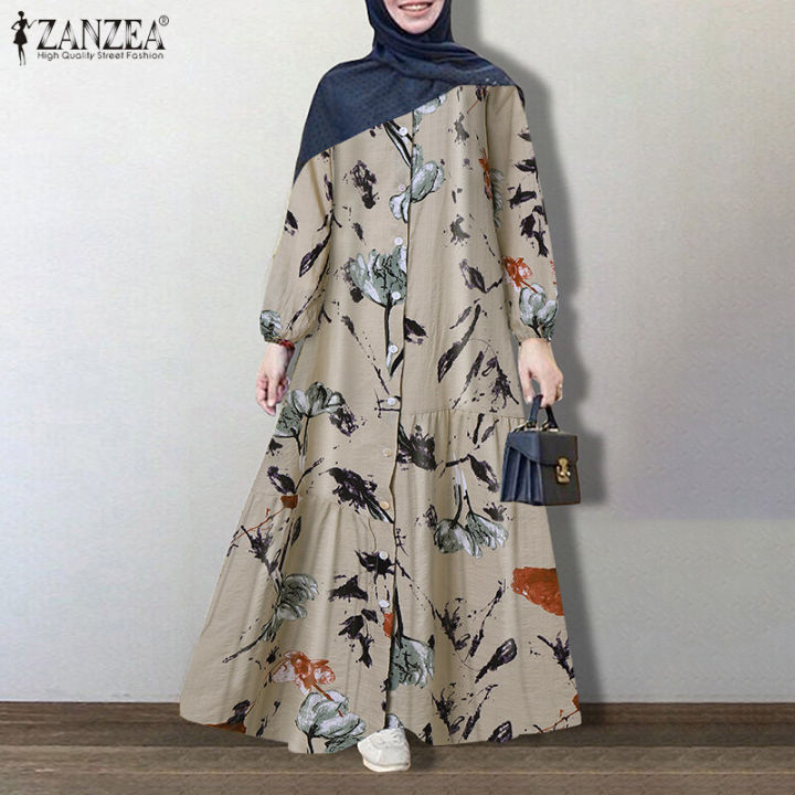 ZANZEA Muslimah Women Muslim Kaftan Arab Button Full Length Loose Basic Maxi Shirt Dress