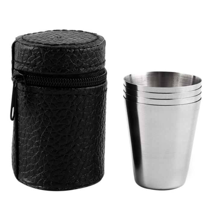 4 Pcs Polished 70ML Mini Stainless Steel SGlass Cup Drinking Glasses With Leather Cover Bag Portable Set