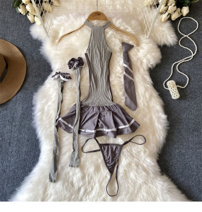 Mesh Dress Slim Fit Halter Hollow JK Uniform Sleeveless Pajamas Cosplay Mini Skirt Tie Stockings Underwear Four Pieces Set