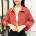 Korean Cropped Denim Jacket Women 2021 Spring Autumn Casual Loose High Waist Jean Jacket Street Long Sleeve Short Outerwear Tops. 