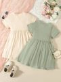 Kid’s Young Girl Comfortable Casual Solid Color Round Neck Short Sleeve Pleated Shirt Dress, Suitable for Children’s Elegant Dress.