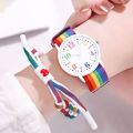 Ladies Watch Rainbow Canvas Strap Quartz Kids Wristwatch With Sports Bracelet Set. 