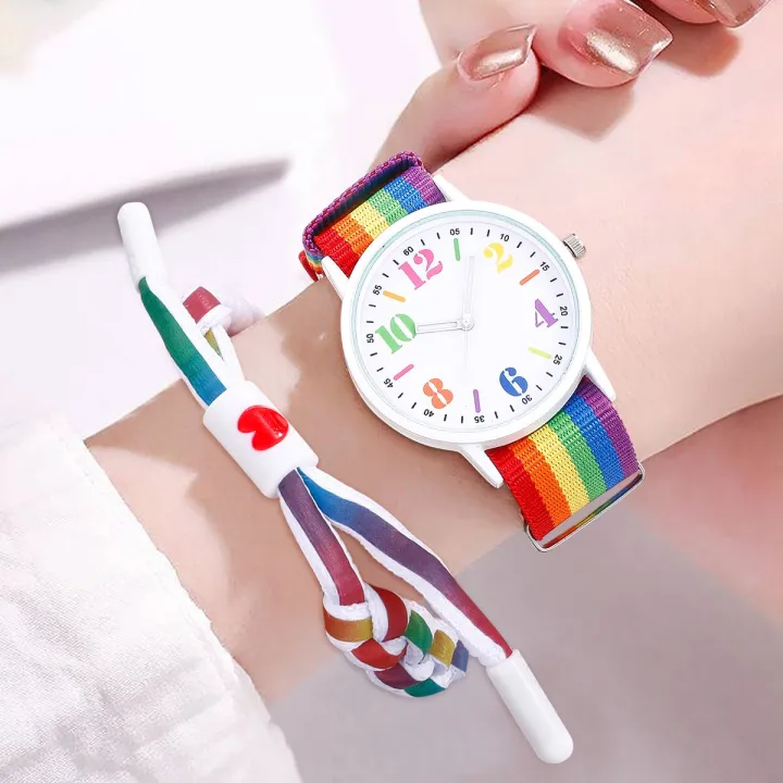 Ladies%20Watch%20Rainbow%20Canvas%20Strap%20Quartz%20Kids%20Wristwatch%20With%20Sports%20Bracelet%20Set%20-%20Image%207