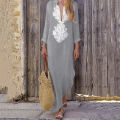 Women’s Printed Long Sleeve V-neck Dress Split Hem Baggy Kaftan Long Dress.