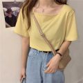 Genaisha New Style Ladies Short-Sleeve Top Trend Korean Version Solid Color Girl Square Neck T-Shirt. 