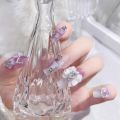 Fairy Flower Nails with White Bow Crystal Design Korean Sweet Style Nails for Lady Girls Artificial Nails Handmade. 