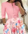 Womens Dresses 2023 Summer Fashion Floral Print Colorblock Zipper Design Casual Round Neck Three Quarters Midi Party Dress.