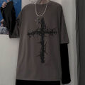 T-shirt Cross of Ts fake two-piece for men women long-sleeved dark -hop loose large size autumn trend top Simplicity. 