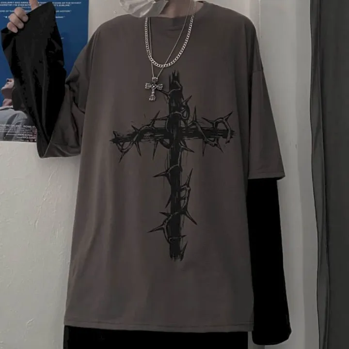 T-shirt%20Cross%20of%20Ts%20fake%20two-piece%20for%20men%20women%20long-sleeved%20dark%20-hop%20loose%20large%20size%20autumn%20trend%20top%20Simplicity%20-%20Image%206