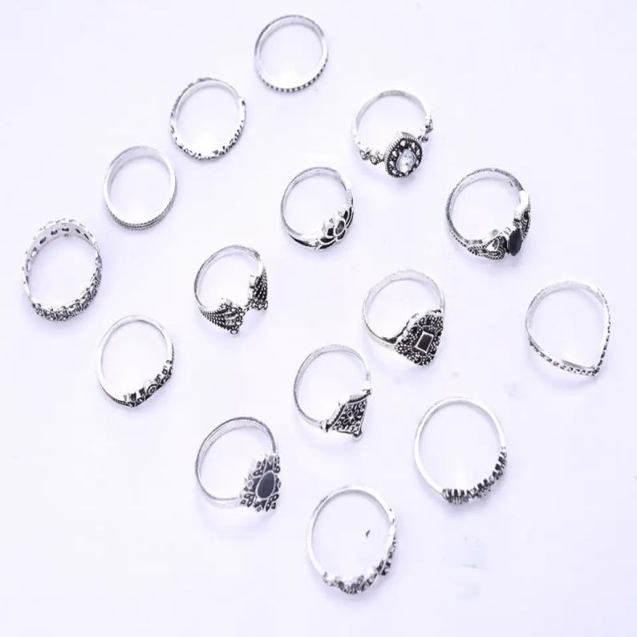 Trendy%2015%20Pcs/set%20Ring%20Set%20for%20Women%20New%20Collection/%20Finger%20Rings%20for%20Girls%20Simple%20Stylish%20-%20Fashionable%20Silver%20Smart%20Retro%20Rings%20Set%20Birthday%20Gift%20for%20Women%20-%20Image%202