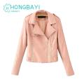 Women Jacket Long Sleeves Autumn Winter Short Type Faux Leather Biker Jacket.