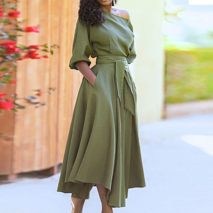 Women%20Elegant%20Sexy%20Off%20Shoulder%20Party%20Dress%202021%20Summer%20Tie-Up%20A-Line%20Dress%20Office%20Lady%20Casual%20Short%20Sleeve%20Pocket%20Dress%20Vestido%20-%20Image%204