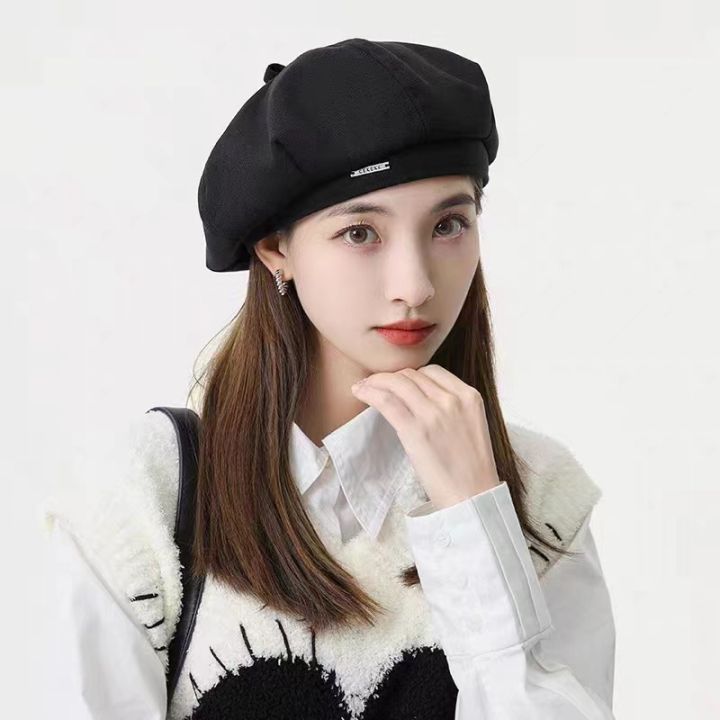 Black beret new women's autumn and winter Japanese face show small woolen octagonal hat ins painter hat big head hat