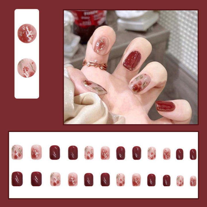24Pcs Red Rose Gold Fake Nails with Glue DIY Art Design False Nails Wearable Nails Stylish Pattern Artificial Nails