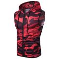 Men's Red Zipper Hooded Sleeveless Printed Fitness Srts Vest.