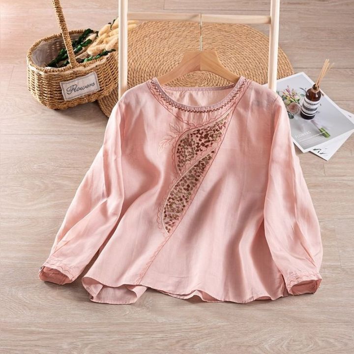 Ethnic Style Cotton and Linen Embroidery Shirt Women's Spring and Summer round Neck T T Shirt Loose All-Match Tea Clothes Retro Top for Women