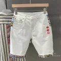 Summer New Denim Shorts Men's Stitching Embroidery Ripped Knee-length Shorts White 2024 Korean Fashion High Quality Jeans. 