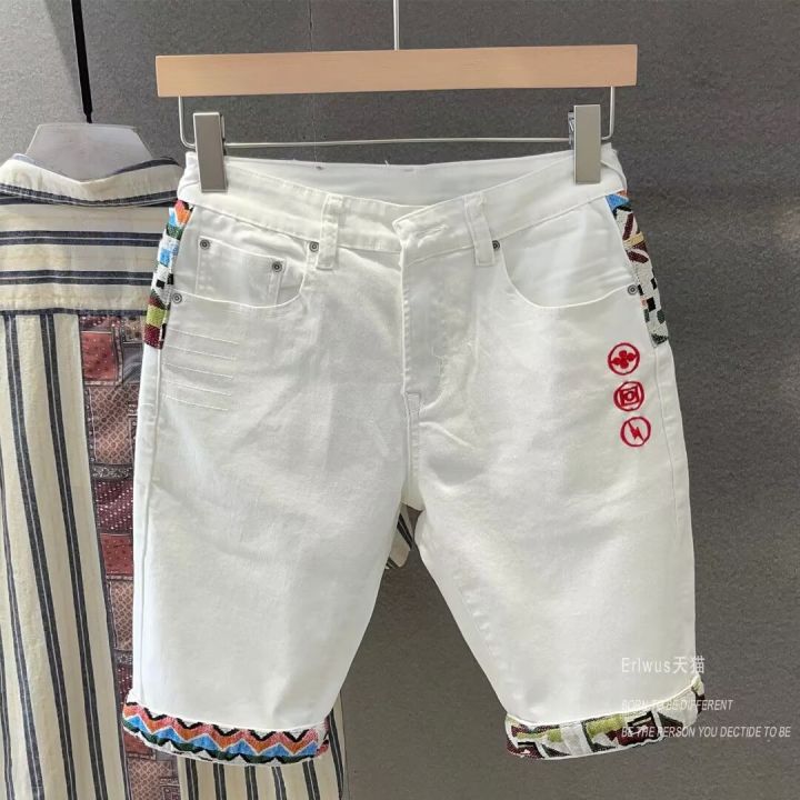 Summer%20New%20Denim%20Shorts%20Men's%20Stitching%20Embroidery%20Ripped%20Knee-length%20Shorts%20White%202024%20Korean%20Fashion%20High%20Quality%20Jeans%20-%20Image%205