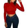 Womens Basic Top, Long Sleeve Mock Neck Solid Color Slim Fit Crop Stretchy Blouse Tee. 