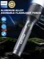 PHILIPS 24W Zoomable LED Flashlight Torch 1000 LM, 2000mAh Rechargeable Torch Light, Aluminum Alloy Handheld Flash Light for Home, Camping, Hiking, Emergency.