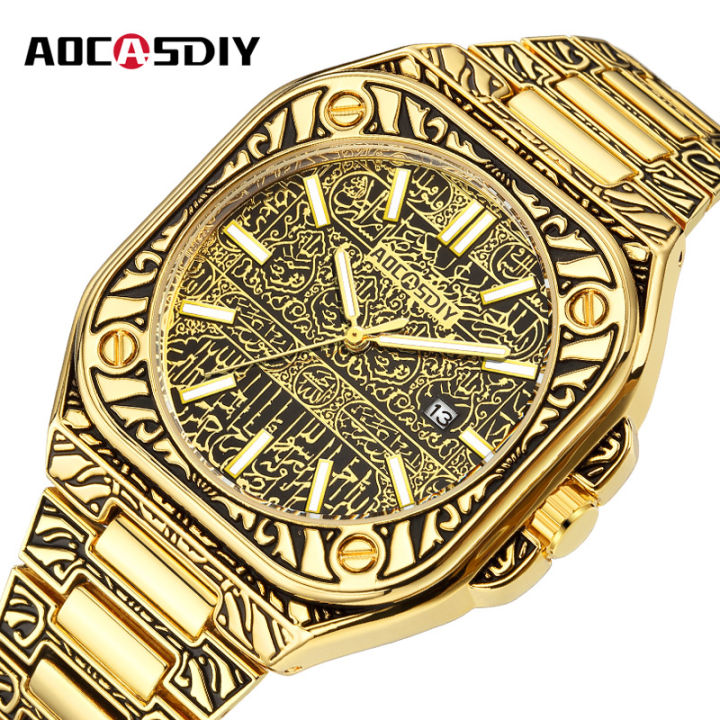 2024 New Vintage Gold Watch Classic Engraved Bronze Quartz Watch Date Waterproof Steel Band Watch Foreign Trade Delivery