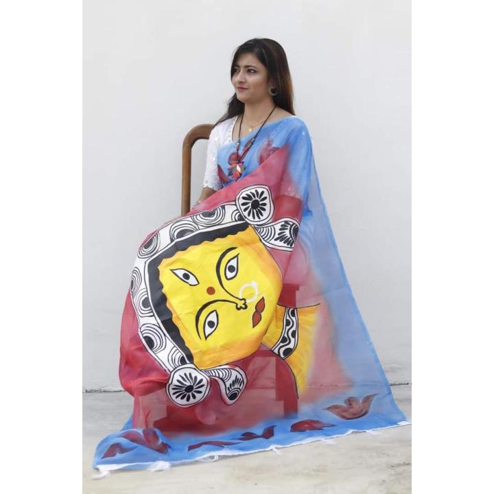 Durga Puja Hand Print Half Silk Saree for women