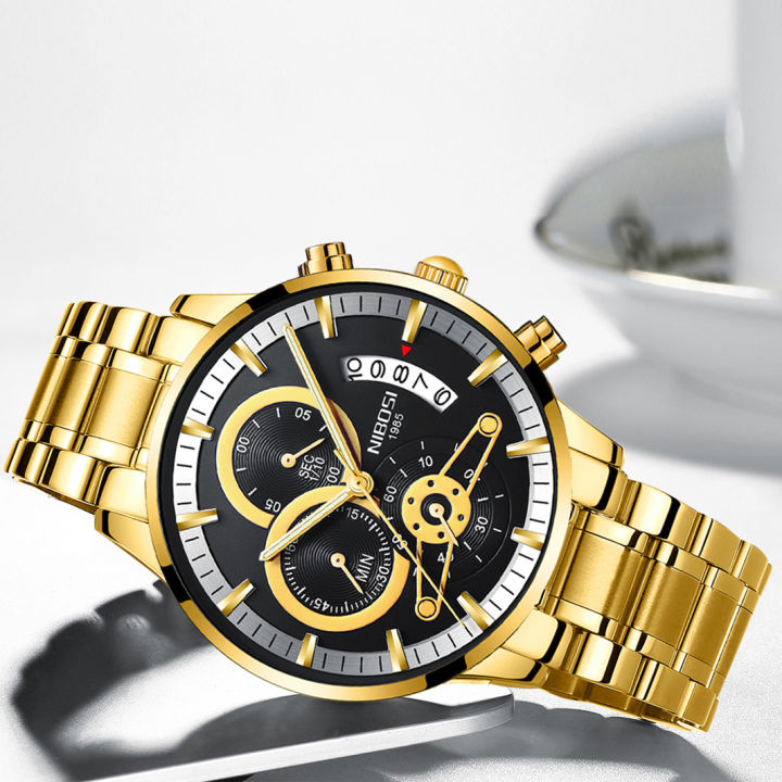 2309 new NiBOSI solid steel band men's watch waterproof coated glass luminous three eyes 6 pin quartz watch